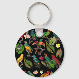 Colourful Tropical Parrots, Leaves & Flowers  Key Ring