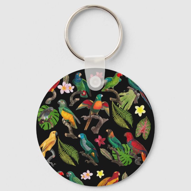 Colourful Tropical Parrots, Leaves & Flowers  Key Ring (Front)