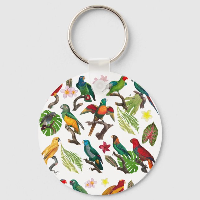 Colourful Tropical Parrots, Leaves & Flowers  Key Ring (Front)