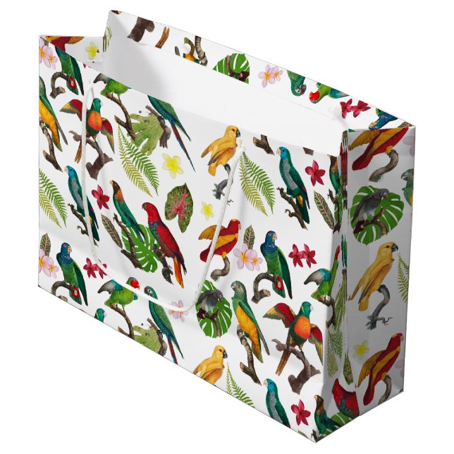 Colourful Tropical Parrots, Leaves & Flowers Large Gift Bag (Front Angled)