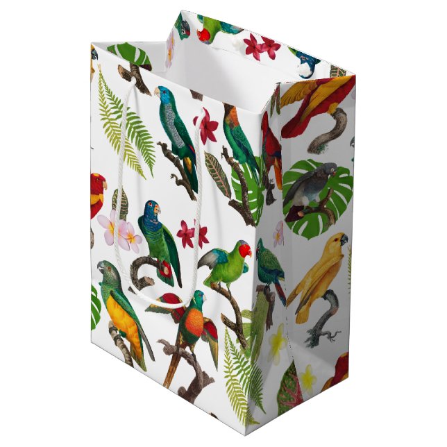 Colourful Tropical Parrots, Leaves & Flowers  Medium Gift Bag (Front Angled)