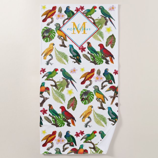 Colourful Tropical Parrots Leaves, Flowers Monogra Beach Towel (Front)