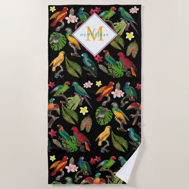 Colourful Tropical Parrots Leaves, Flowers Monogra Beach Towel (Front)