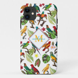 Colourful Tropical Parrots Leaves, Flowers Monogra iPhone 11 Case