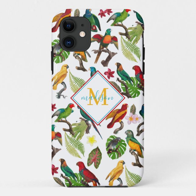 Colourful Tropical Parrots Leaves, Flowers Monogra Case-Mate iPhone Case (Back)