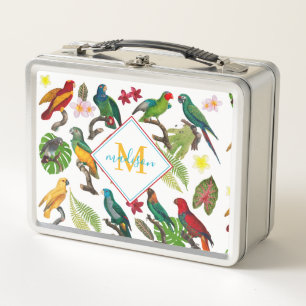 Colourful Tropical Parrots Leaves, Flowers Monogra Metal Lunch Box