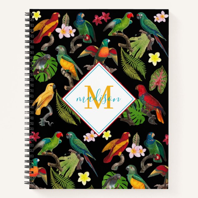 Colourful Tropical Parrots Leaves, Flowers Monogra Notebook (Front)