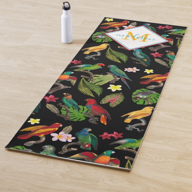 Colourful Tropical Parrots Leaves, Flowers Monogra Yoga Mat (In Situ)