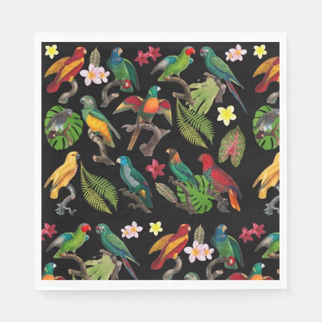 Colourful Tropical Parrots, Leaves & Flowers  Napkin (Front)