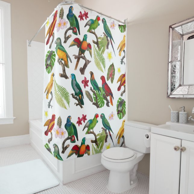 Colourful Tropical Parrots, Leaves & Flowers  Shower Curtain (In Situ)