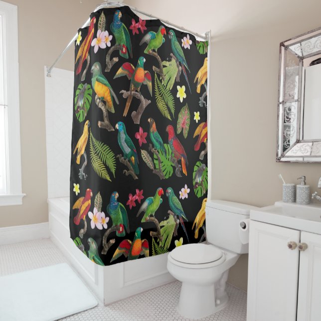 Colourful Tropical Parrots, Leaves & Flowers  Shower Curtain (In Situ)