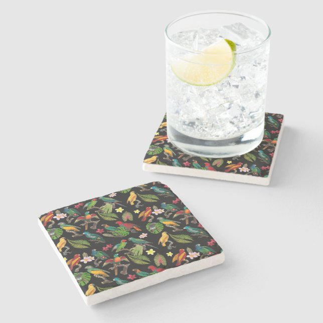 Colourful Tropical Parrots, Leaves & Flowers  Stone Coaster (Side)