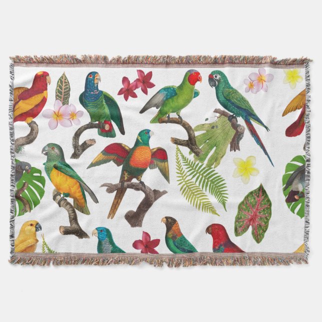Colourful Tropical Parrots, Leaves & Flowers Throw Blanket (Front)