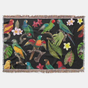 Colourful Tropical Parrots, Leaves & Flowers Throw Blanket