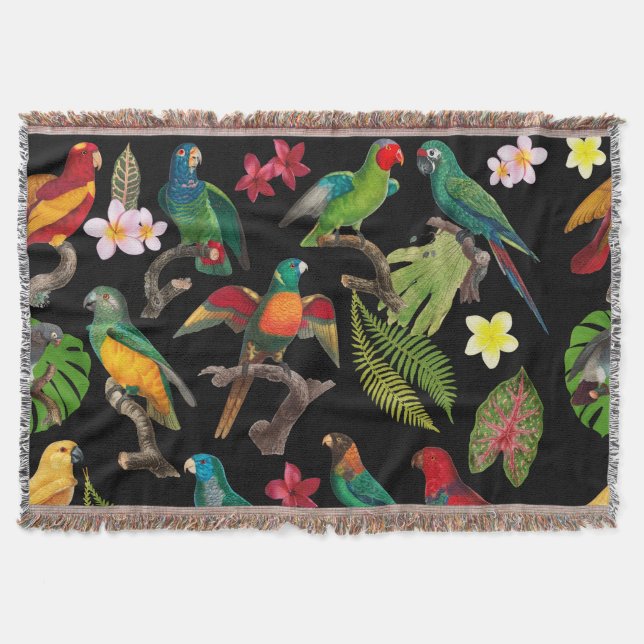 Colourful Tropical Parrots, Leaves & Flowers Throw Blanket (Front)