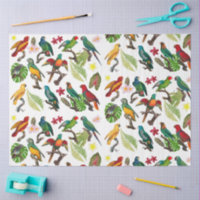 Colourful Tropical Parrots, Leaves & Flowers 
