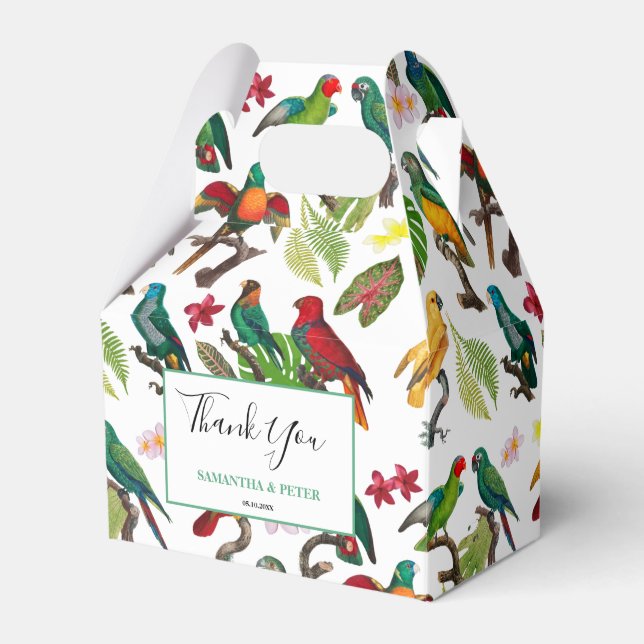 Colourful Tropical Parrots, Leaves Flowers Wedding Favour Box (Front Side)