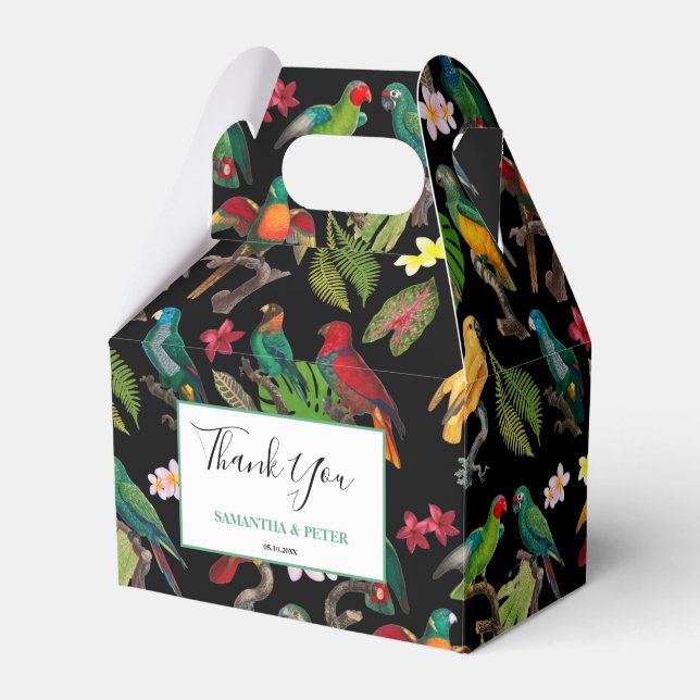 Colourful Tropical Parrots, Leaves Flowers Wedding Favour Box (Front Side)