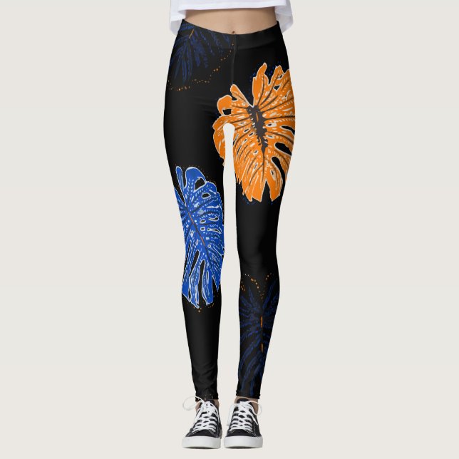 Colourful Tropical Pattern Dark Foliage Leggings (Front)