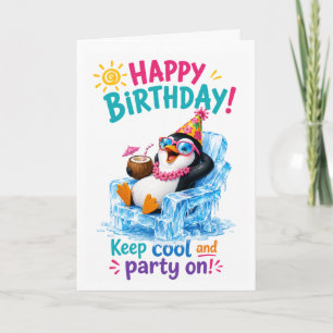 Colourful Tropical Penguin Birthday Celebration Card