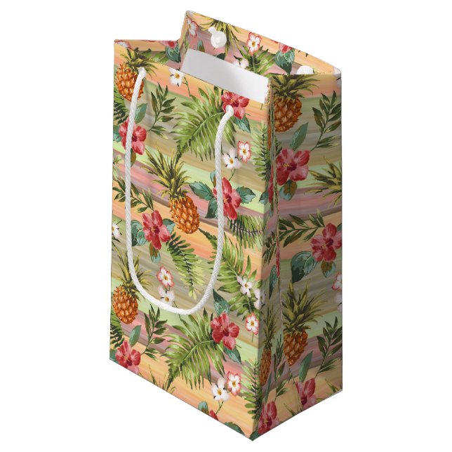 Colourful Tropical Pineapple Fruit Floral Pattern Small Gift Bag (Front Angled)