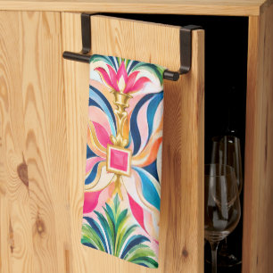 Colourful Tropical Pink Green Art Deco Tea Towel