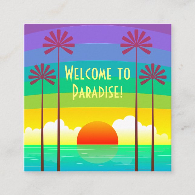 Colourful Tropical Rainbow Ocean Sunset Vacation Square Business Card (Front)