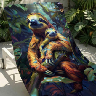 Colourful Tropical Sloth & Baby Beach Towel