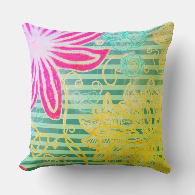Colourful Tropical Stripes and Florals Cushion (Front)
