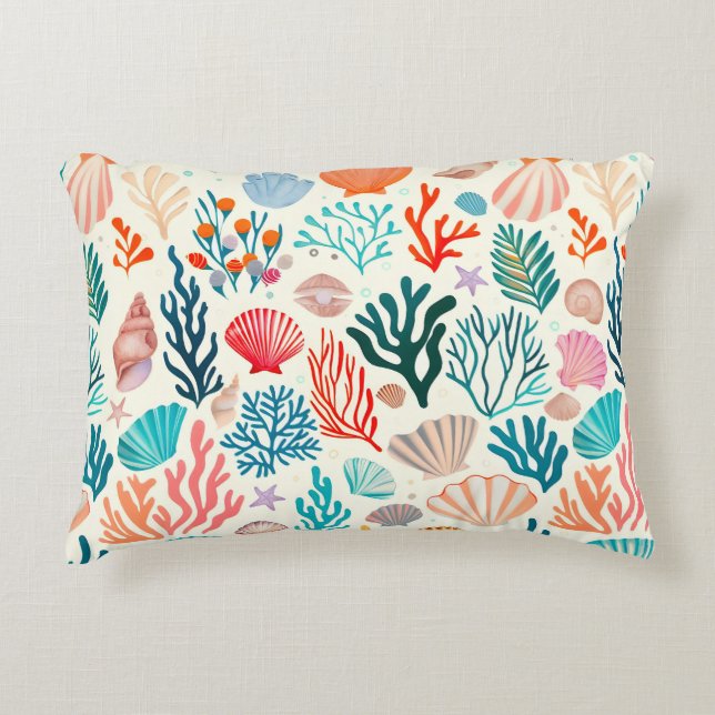 Colourful Tropical Summer Coral Seashell Decorative Cushion (Front)