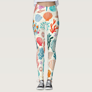 Colourful Tropical Summer Coral Seashell Leggings