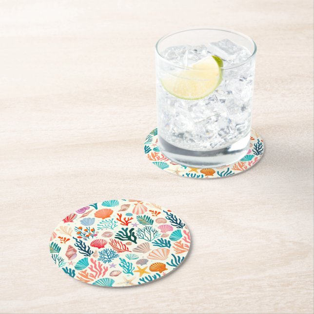 Colourful Tropical Summer Coral Seashell Round Paper Coaster (Insitu)