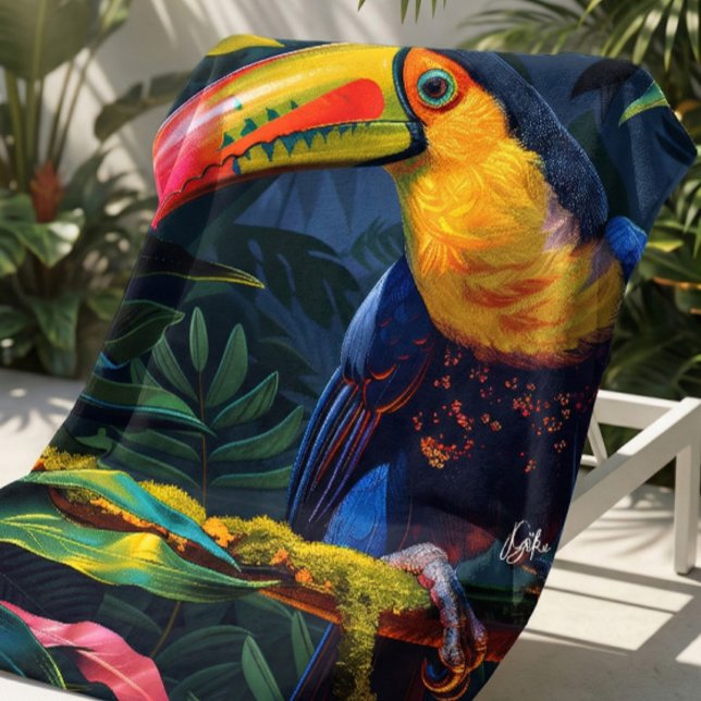 Colourful Tropical Toucan Beach Towel (Tropical toucan towel with vivid color, ideal for beach days and summer trips.)