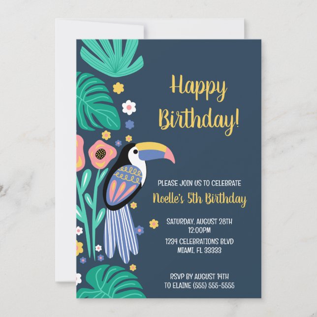 Colourful Tropical Toucan Bird Flowers Birthday Invitation (Front)