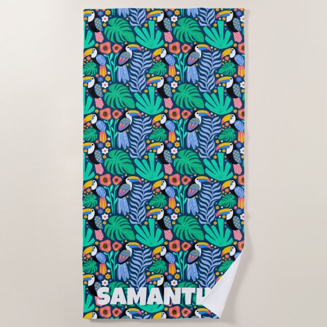 Colourful Tropical Toucan Bird Flowers Plants, Nam Beach Towel (Front)
