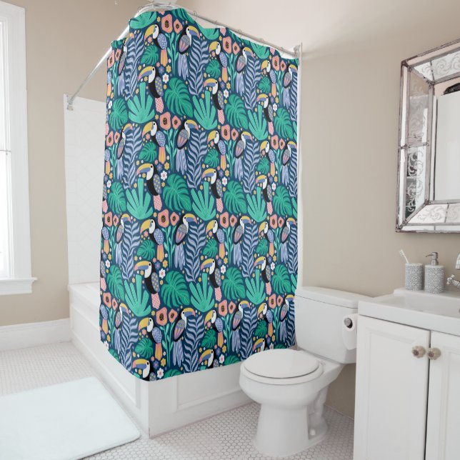 Colourful Tropical Toucan Bird Flowers Plants Shower Curtain (In Situ)