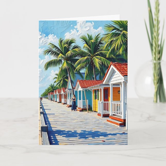 Colourful Tropical Vibrant Beach Huts Birthday Card (Front)