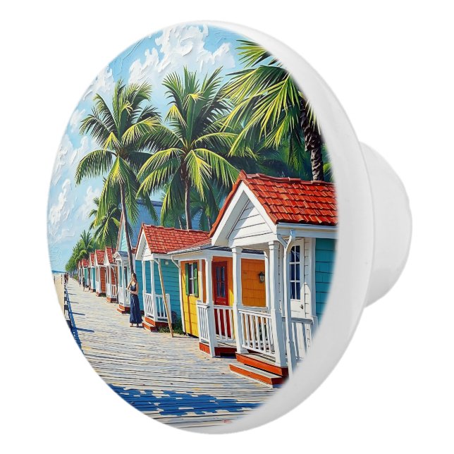 Colourful Tropical Vibrant Beach Huts Ceramic Knob (Right)