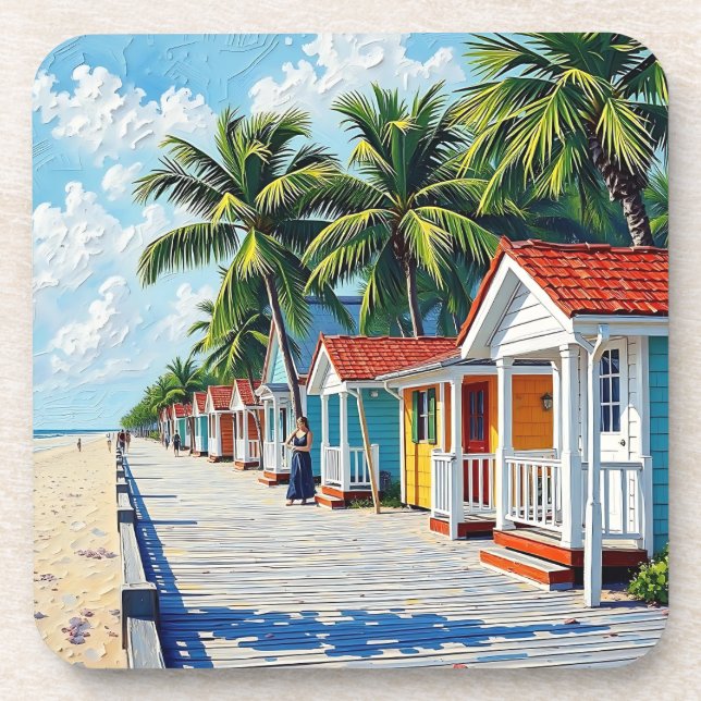 Colourful Tropical Vibrant Beach Huts Coaster (Front)