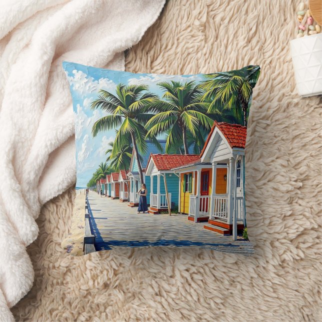 Colourful Tropical Vibrant Beach Huts Cushion (Blanket)