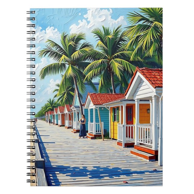 Colourful Tropical Vibrant Beach Huts Notebook (Front)