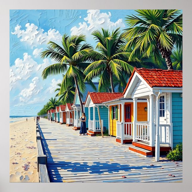 Colourful Tropical Vibrant Beach Huts Poster (Front)