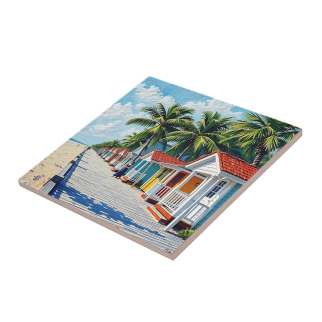 Colourful Tropical Vibrant Beach Huts Tile (Side)