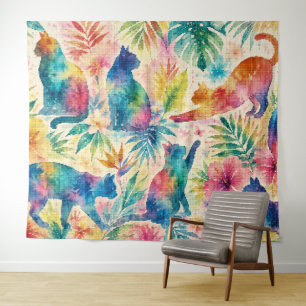 Colourful Tropical Watercolor Cat Silhouettes Tapestry