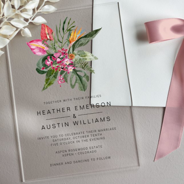 Colourful Tropical Wedding Acrylic Invitations (Colorful Tropical Watercolor Wedding Acrylic Invitations by Painted Paperie
)