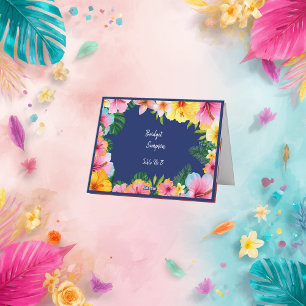 colourful tropical wedding guest name seating card
