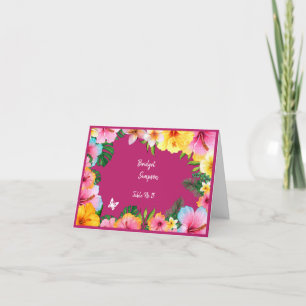 colourful tropical wedding guest name seating card