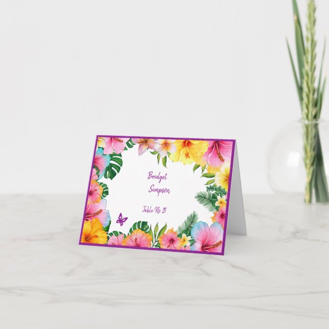 colourful tropical wedding guest name seating card (Front)