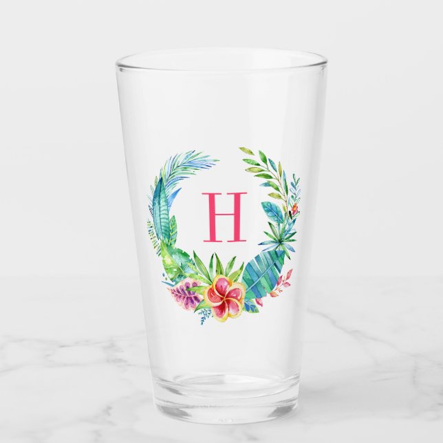 Colourful tropical wreath Monogram Glass (Front)
