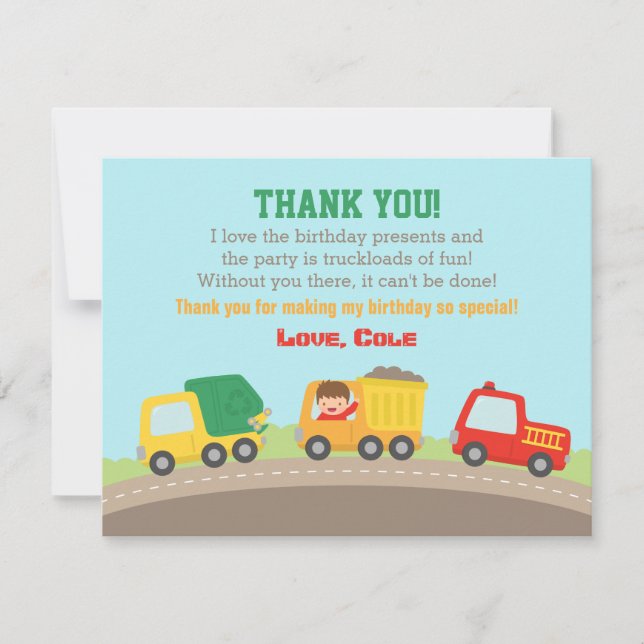 Colourful Truck Boys Birthday Thank You Card (Front)